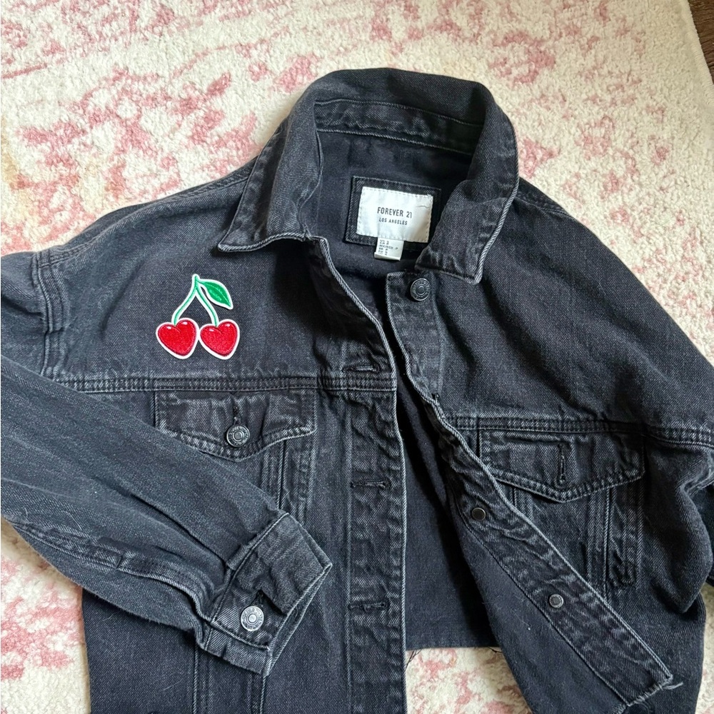 Forever 21 Black Denim Jacket with Cherry Embroidery